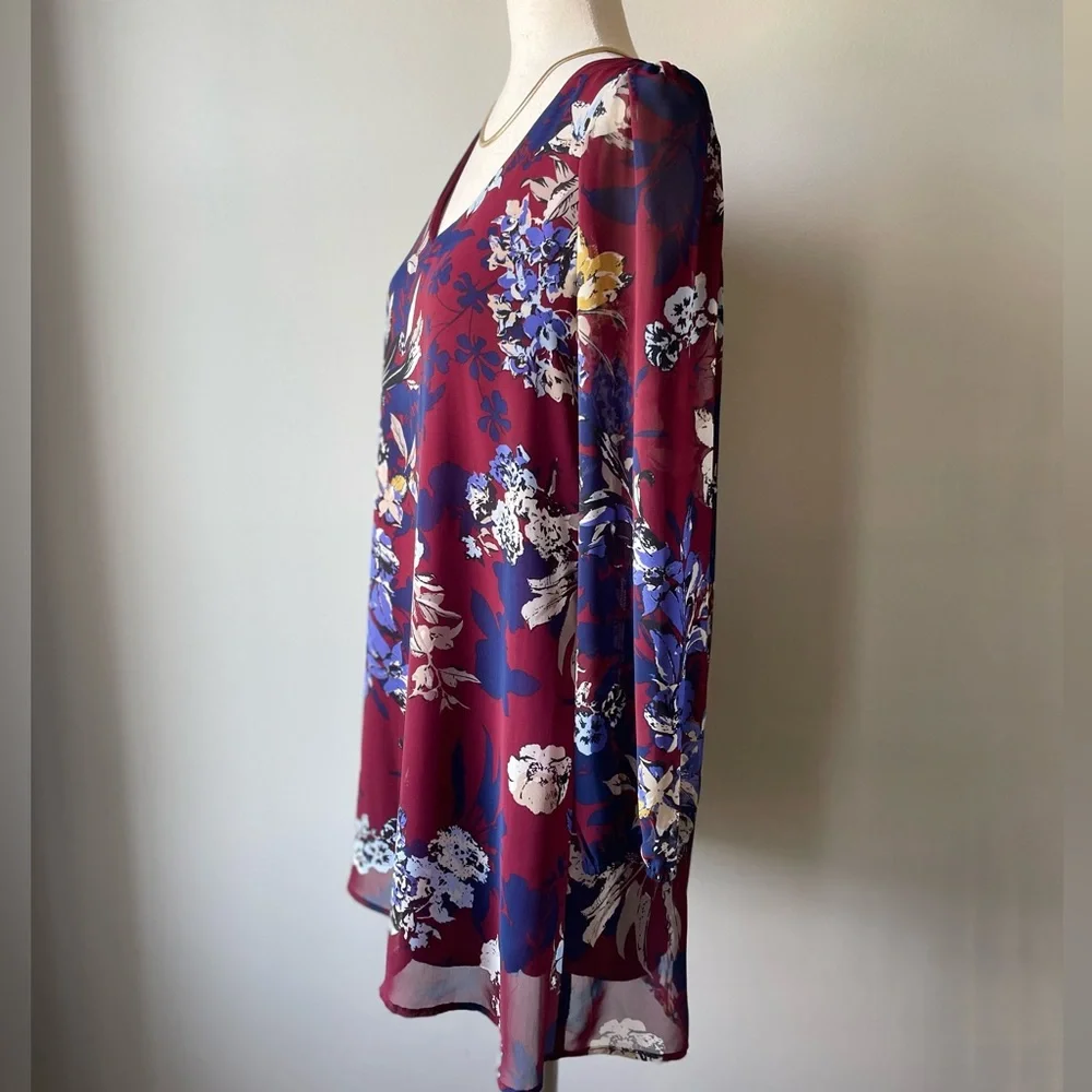 Peppermint | Long-Sleeve Boho Mini Dress | Maroon & Navy Floral | Small - Picture 3 of 6